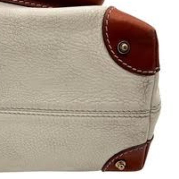 Dooney & Bourke Vintage  Pebbled Leather Satchel Tote | White Tan Trim Large Bag - Picture 11 of 14